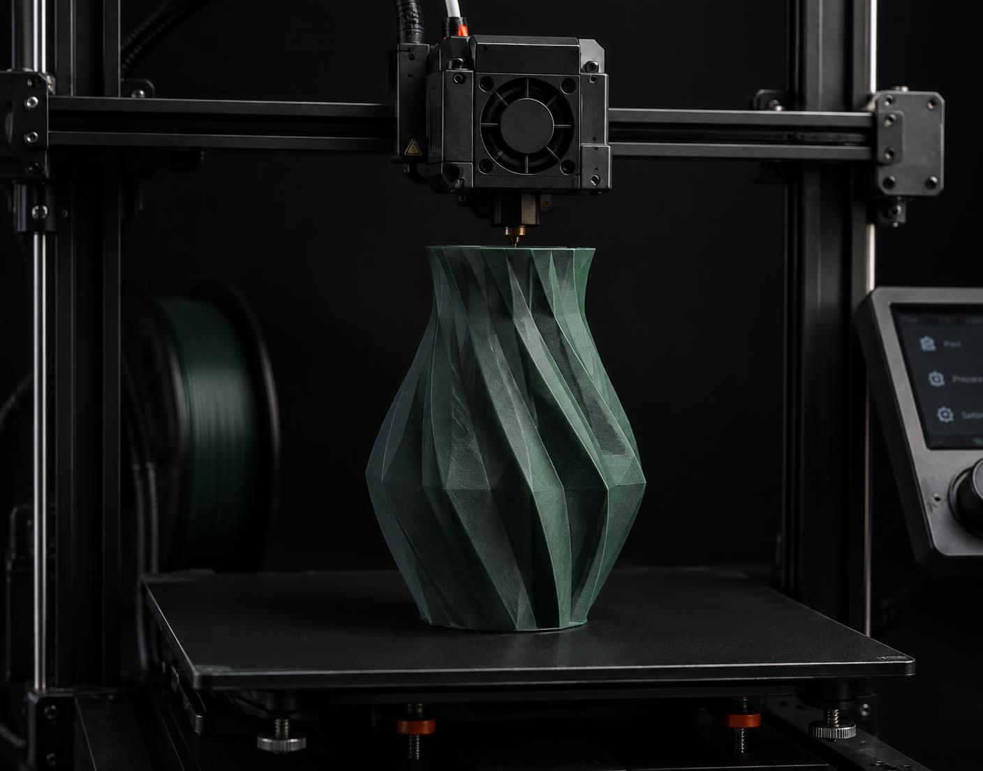 3D printer producing a dark green spiral vase